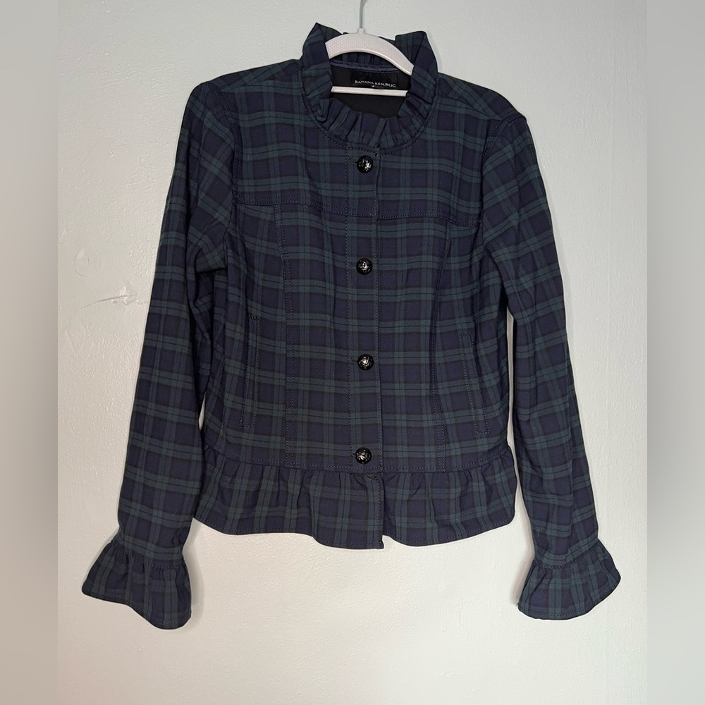 J.Crew Plaid Button-Up Jacket‎ - Green and Blue ruffle collar
